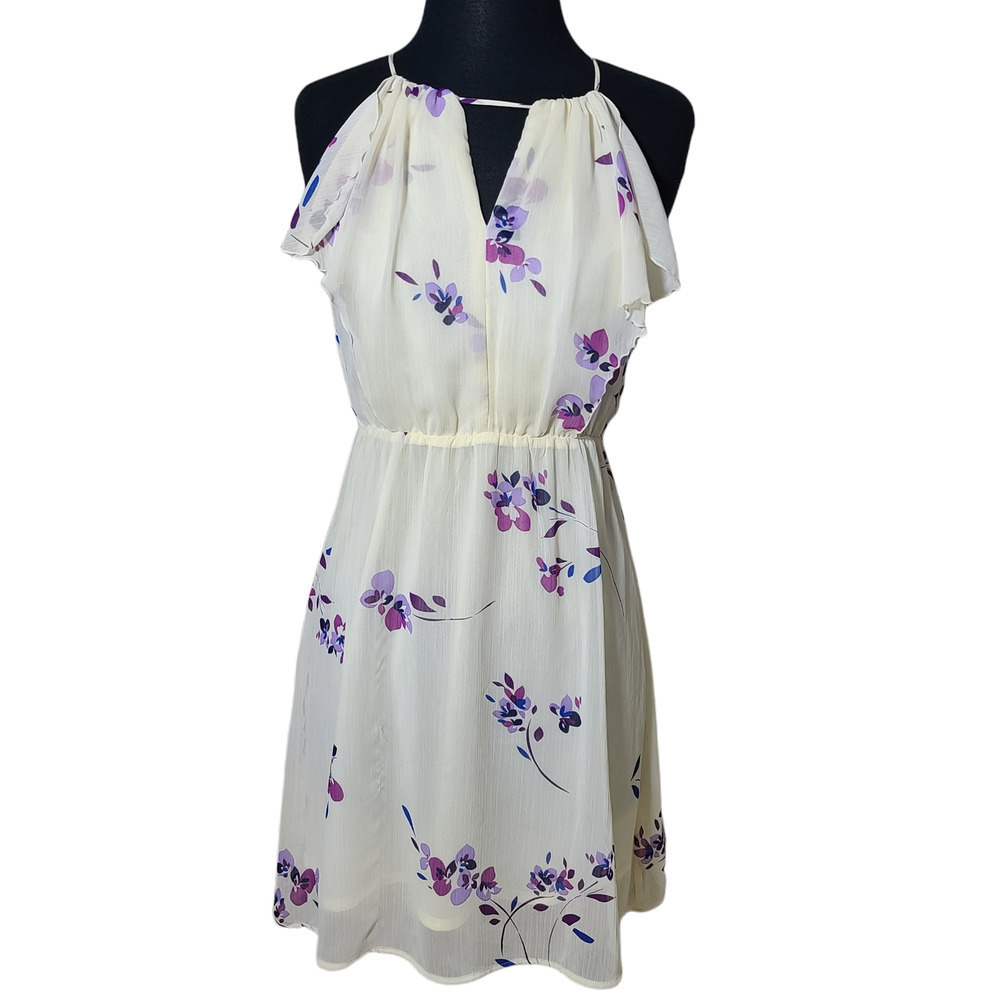 OLD NAVY cream purple Floral Ruffle Chiffon Halter  Dress sz S